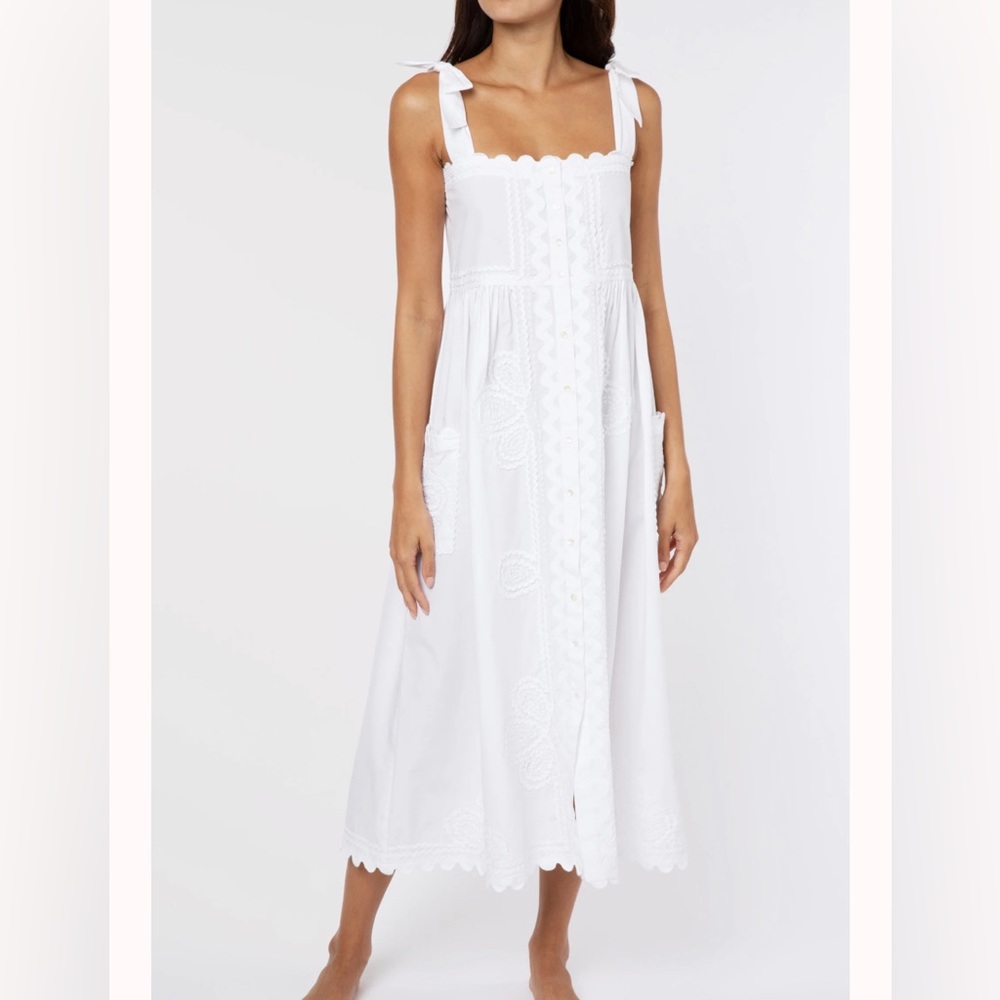 Juliet Dunn White Poplin Tie Shoulder Dress with Ric Rac Detail